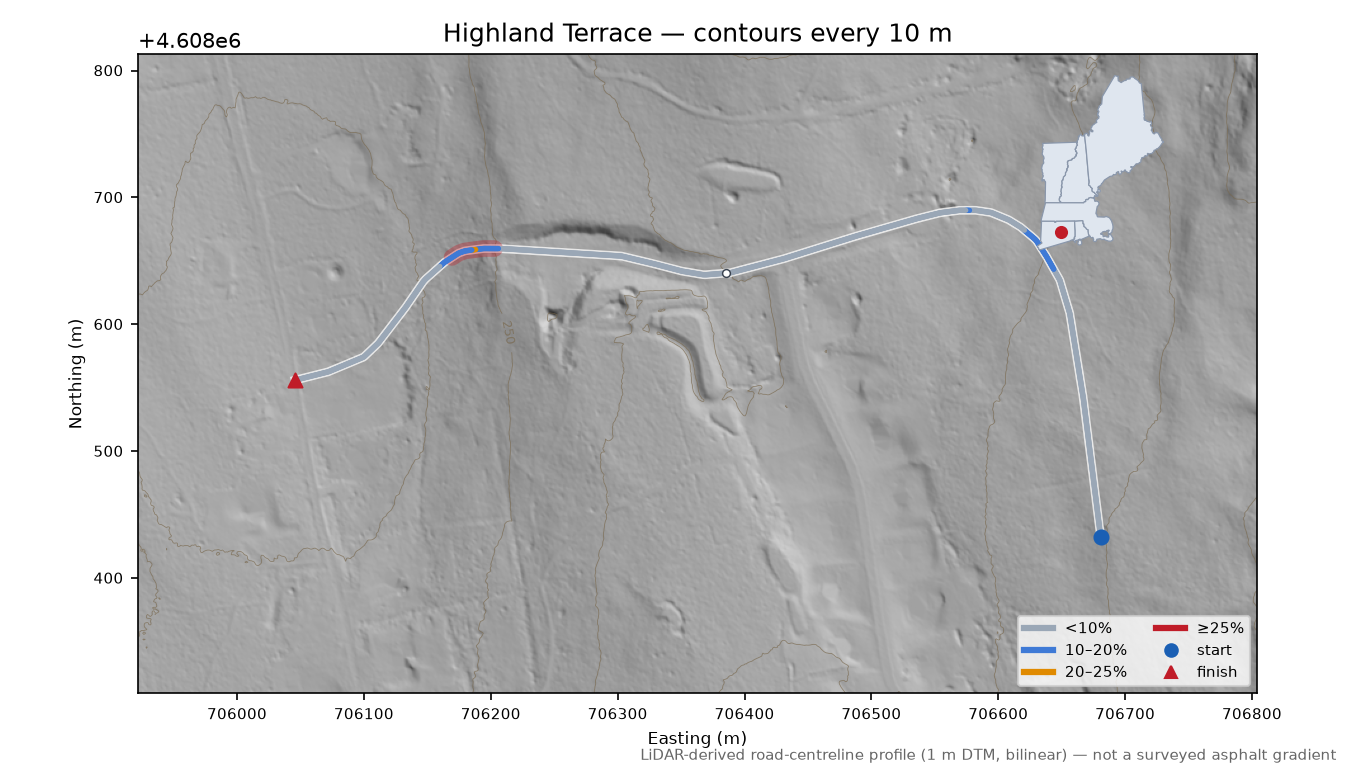 Highland Terrace LiDAR hillshade map with contours