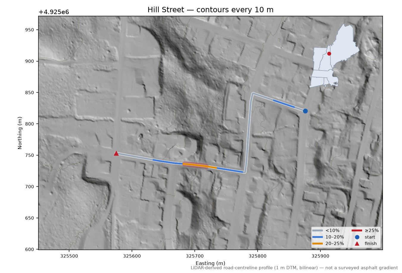 Hill Street LiDAR hillshade map with contours
