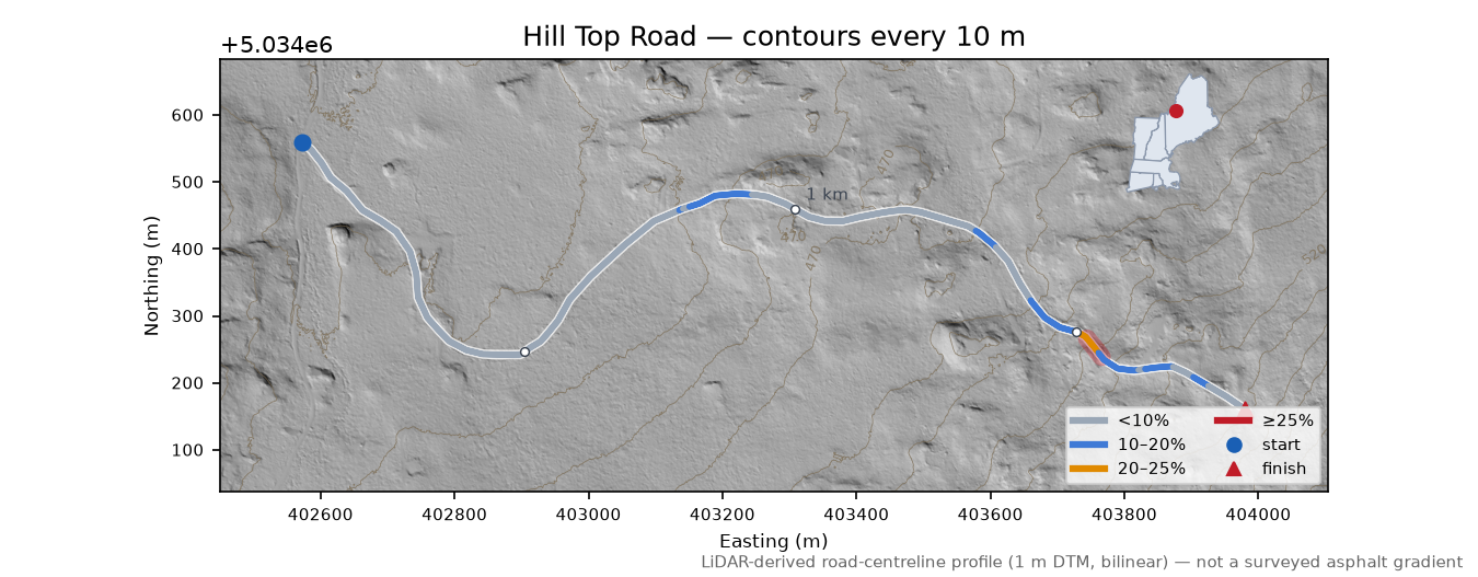 Hill Top Road LiDAR hillshade map with contours