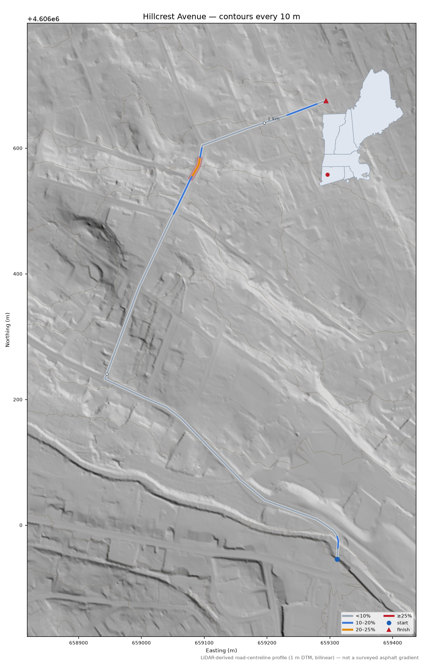Hillcrest Avenue LiDAR hillshade map with contours