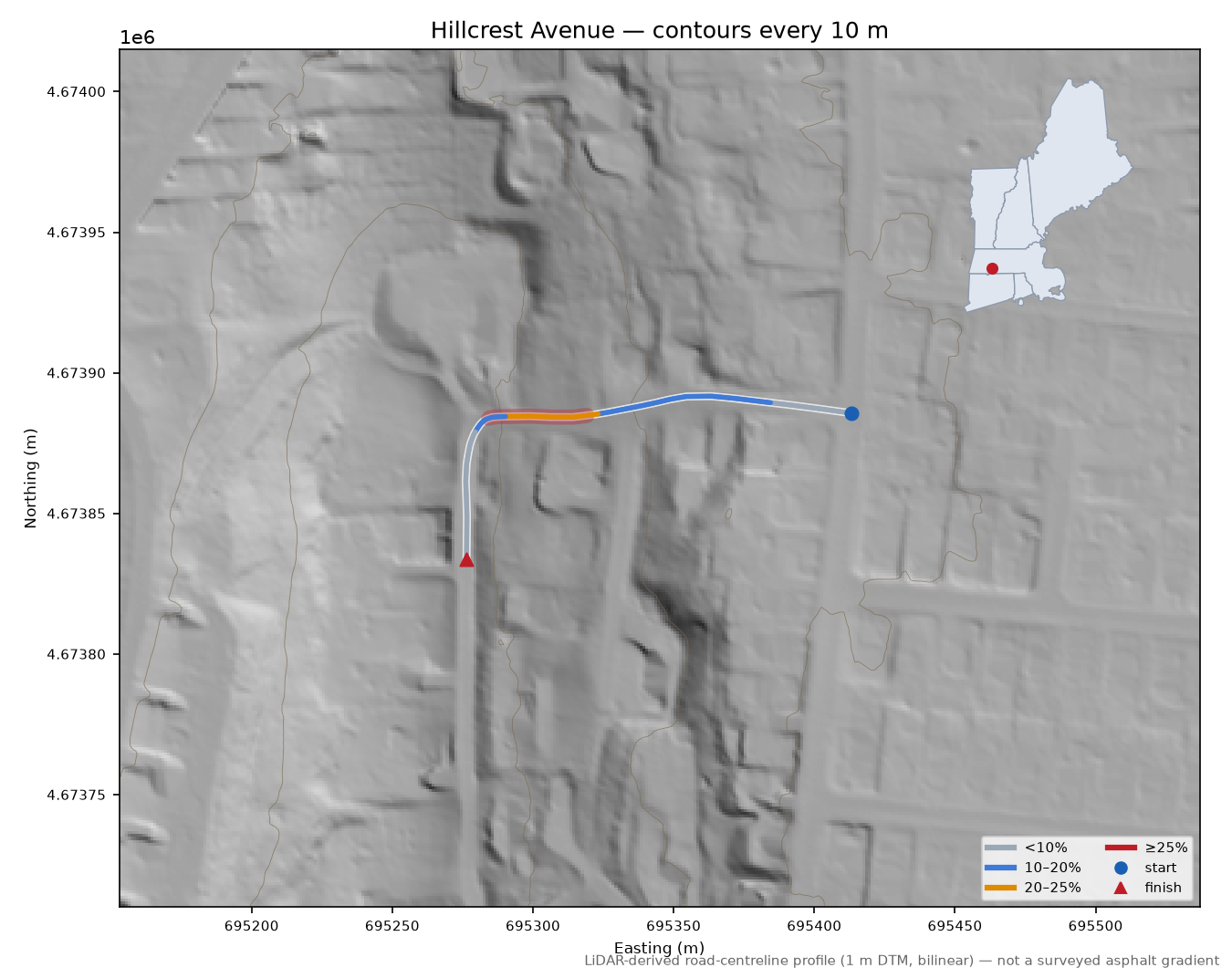 Hillcrest Avenue LiDAR hillshade map with contours
