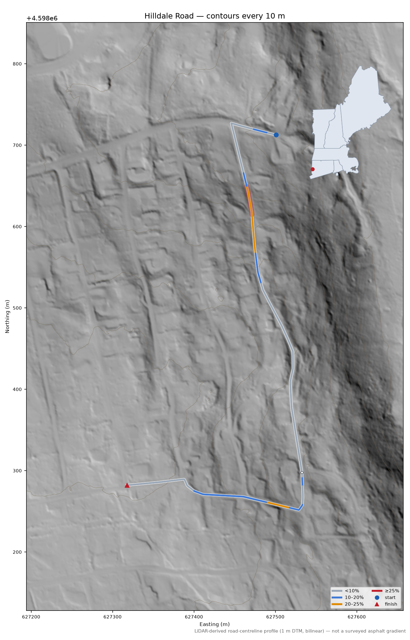 Hilldale Road LiDAR hillshade map with contours