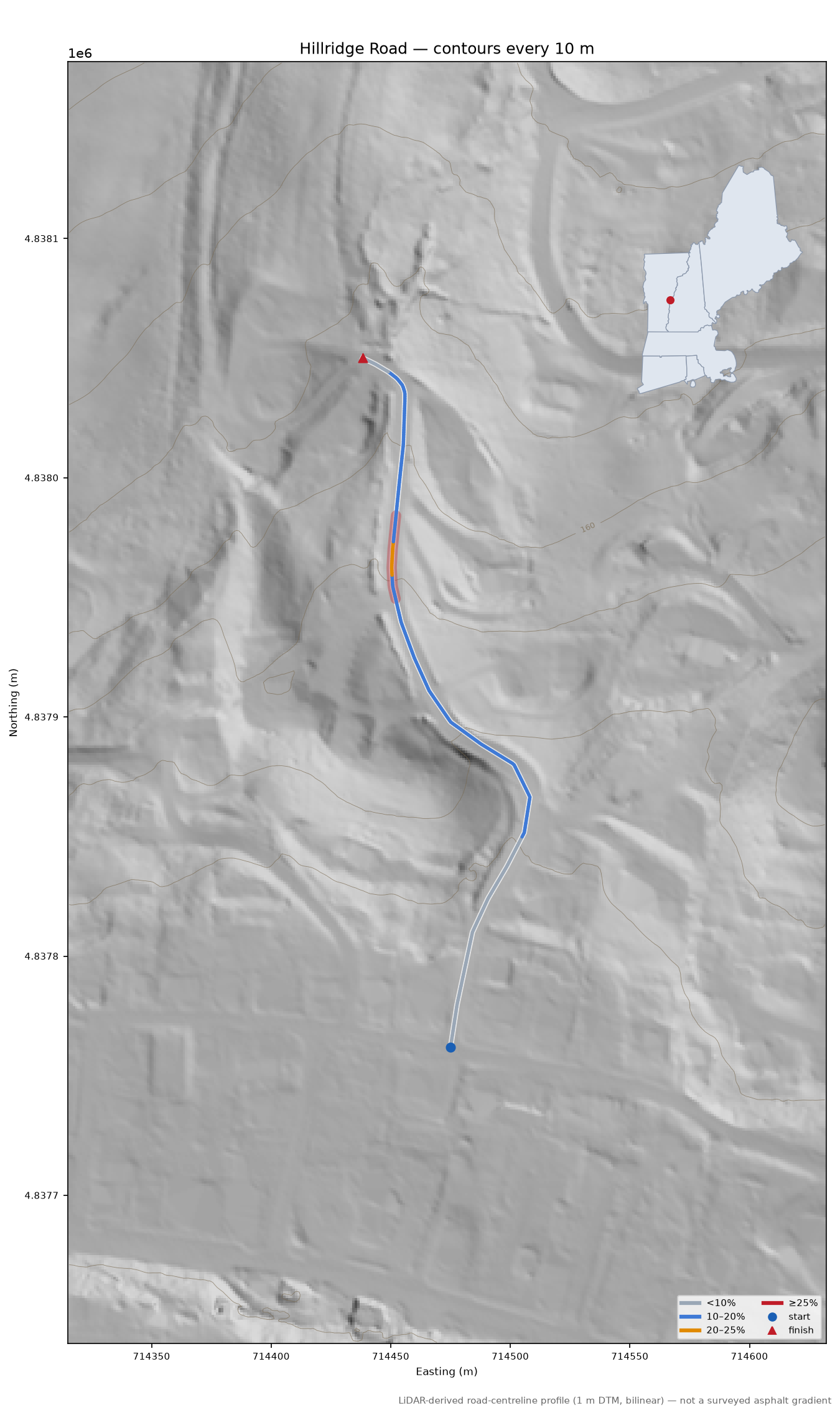 Hillridge Road LiDAR hillshade map with contours