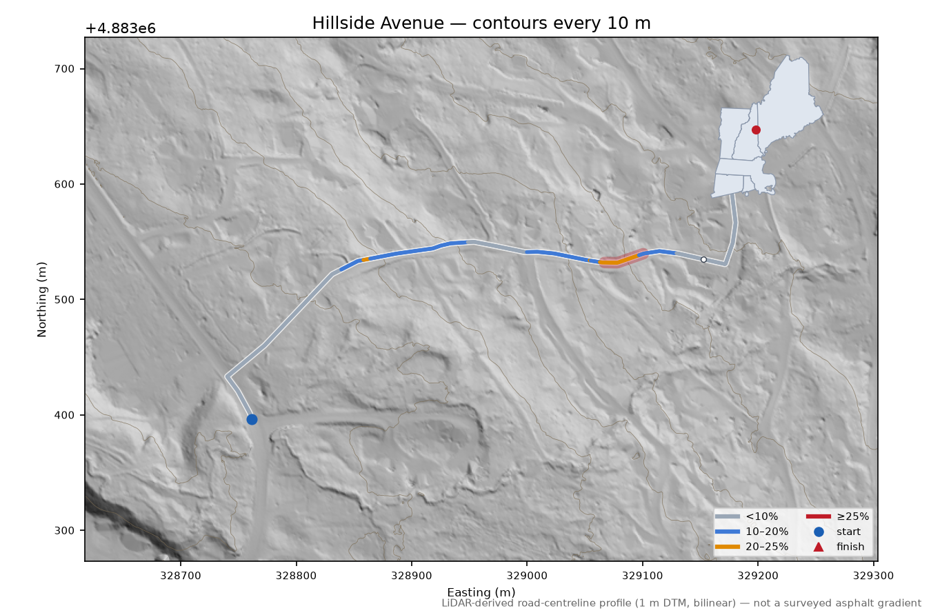 Hillside Avenue LiDAR hillshade map with contours