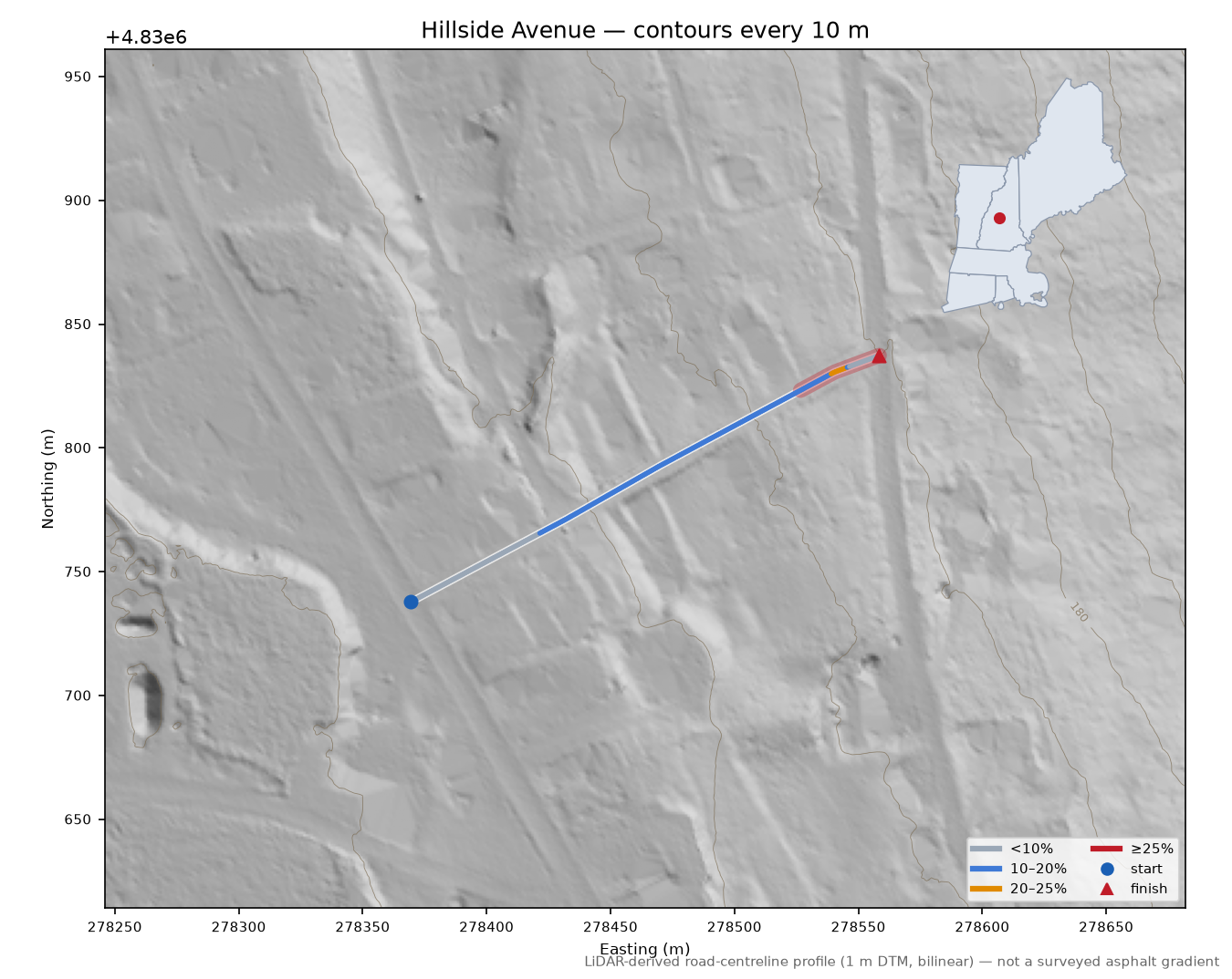 Hillside Avenue LiDAR hillshade map with contours