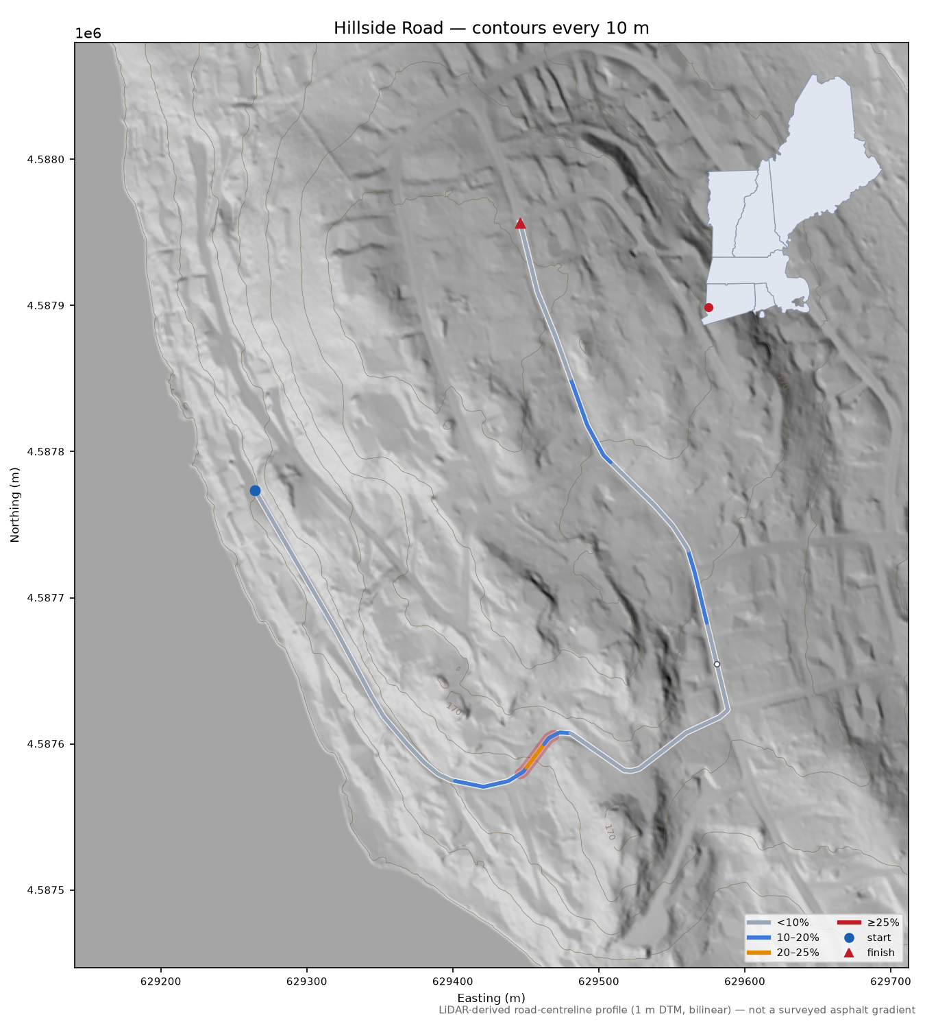 Hillside Road LiDAR hillshade map with contours