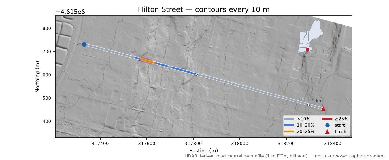 Hilton Street LiDAR hillshade map with contours