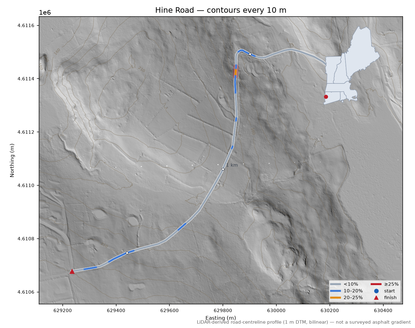 Hine Road LiDAR hillshade map with contours