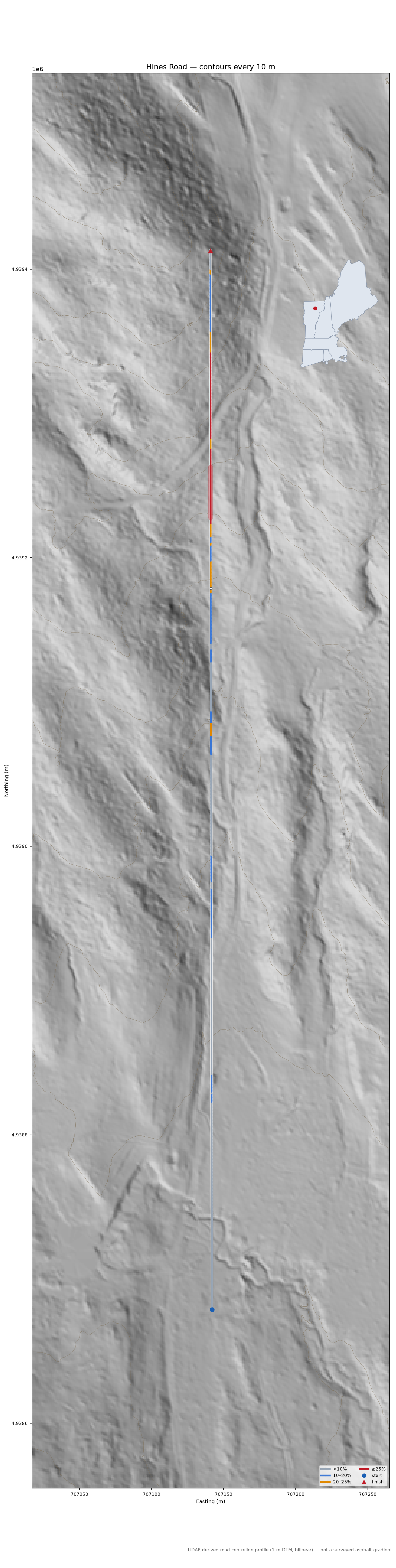 Hines Road LiDAR hillshade map with contours