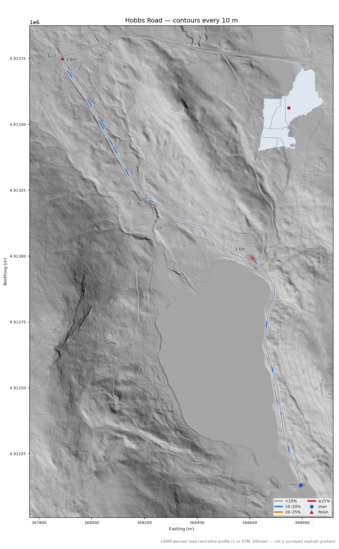 Hobbs Road LiDAR hillshade map with contours