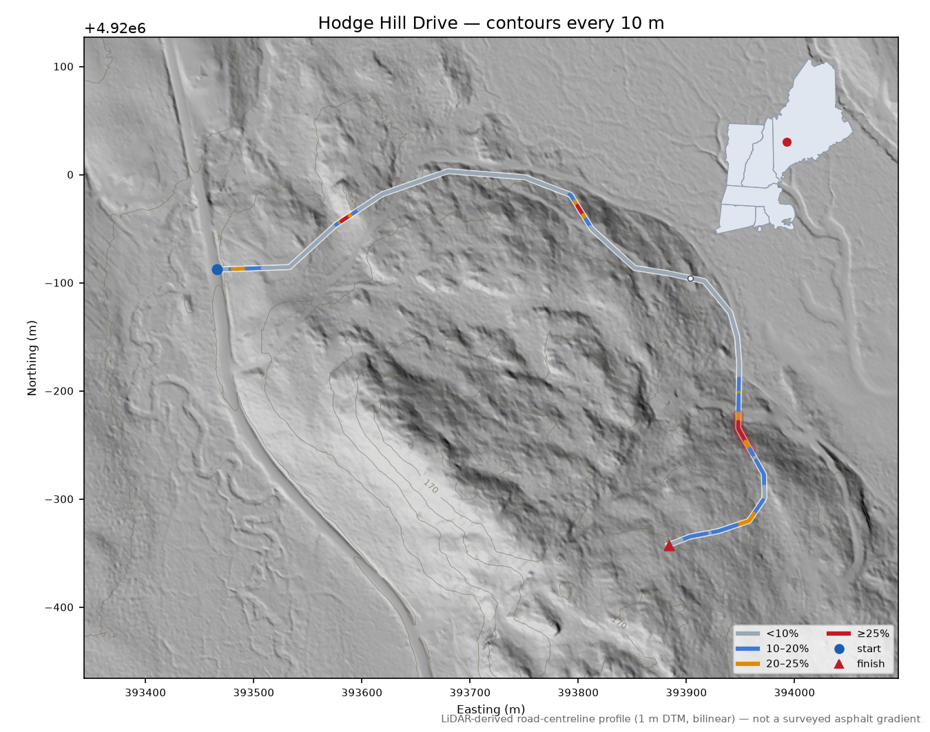 Hodge Hill Drive LiDAR hillshade map with contours