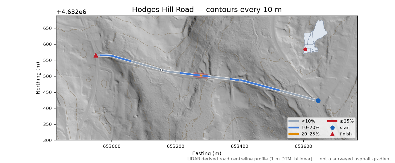 Hodges Hill Road LiDAR hillshade map with contours