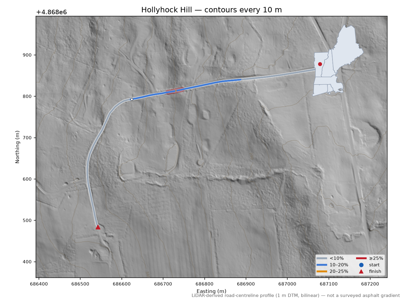 Hollyhock Hill LiDAR hillshade map with contours