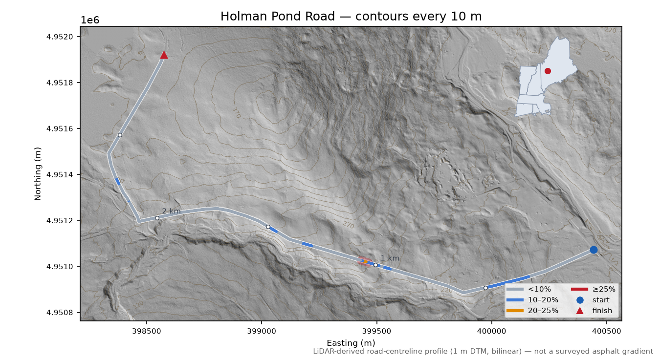 Holman Pond Road LiDAR hillshade map with contours