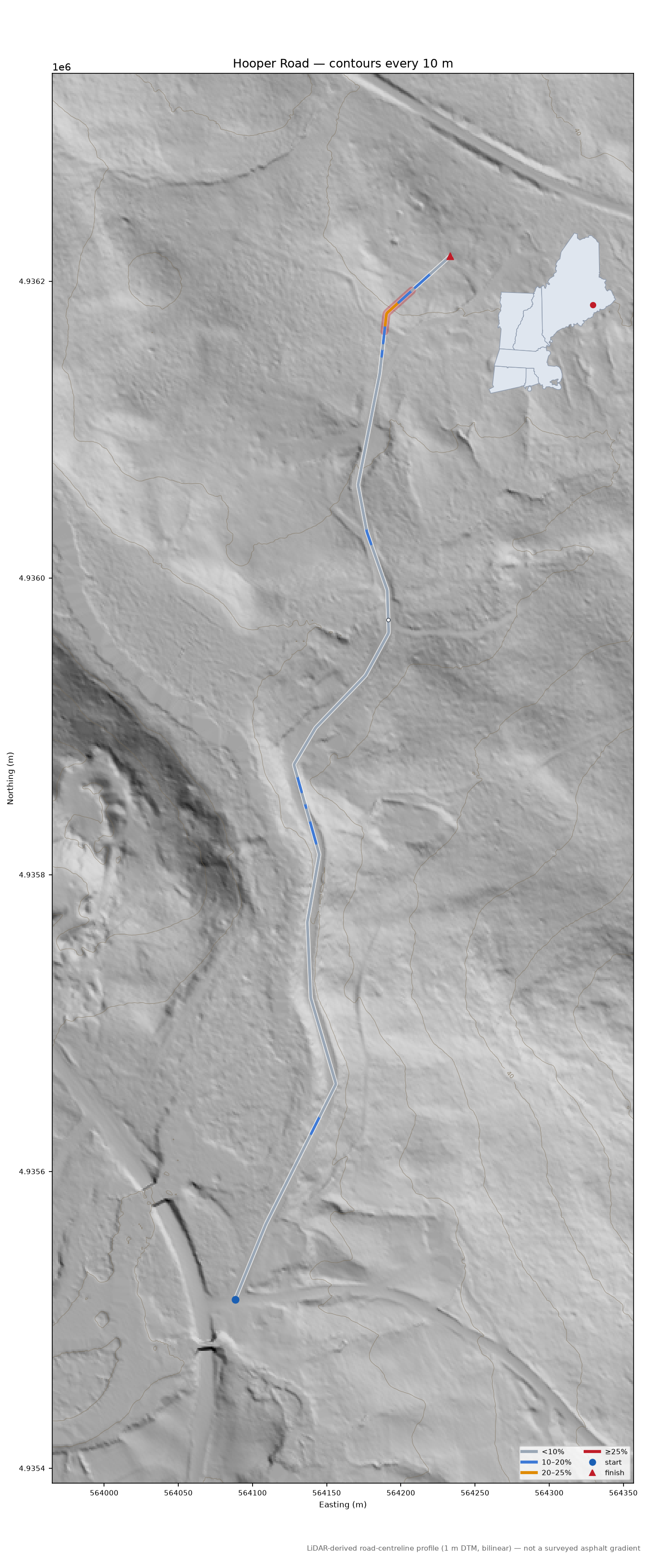 Hooper Road LiDAR hillshade map with contours