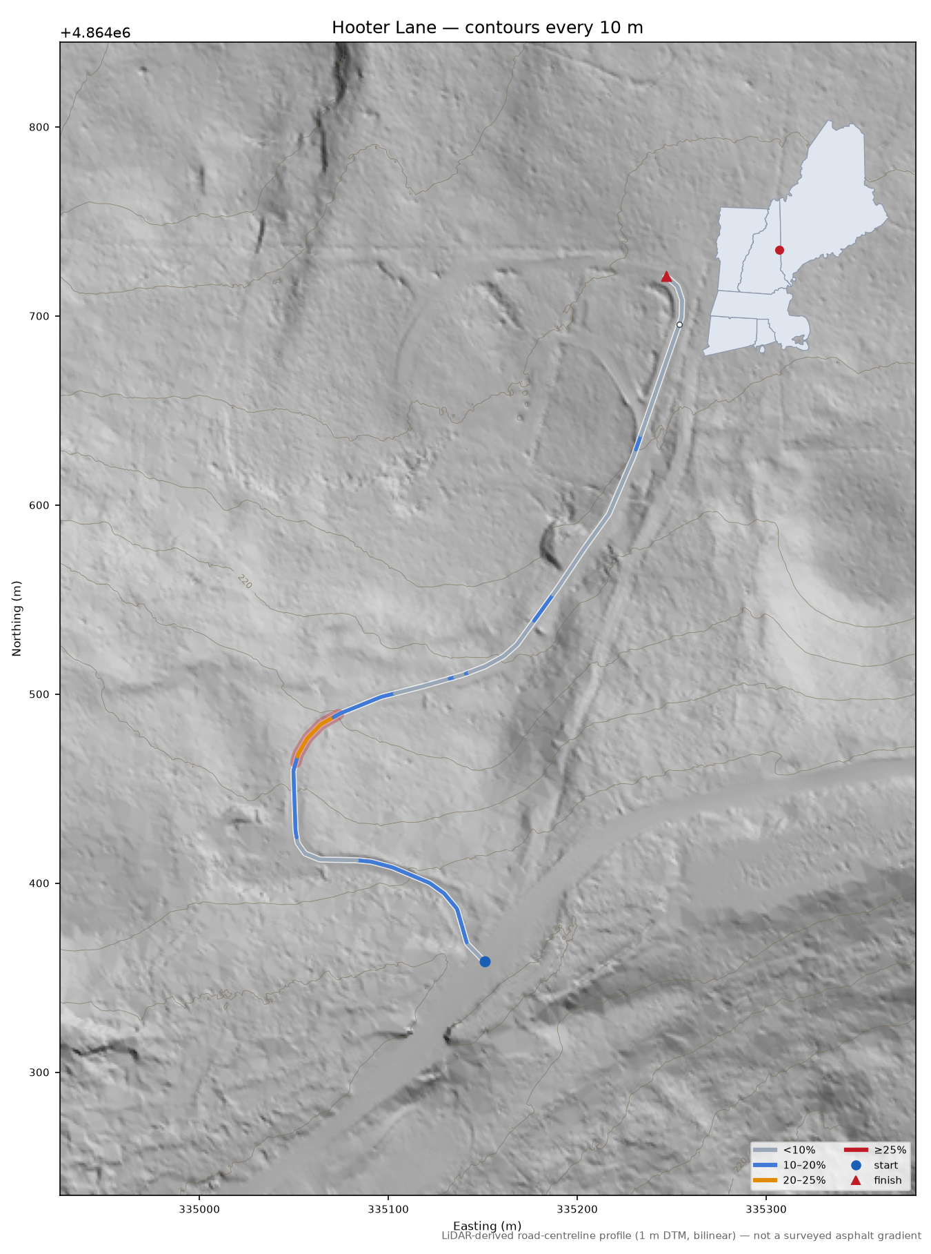 Hooter Lane LiDAR hillshade map with contours