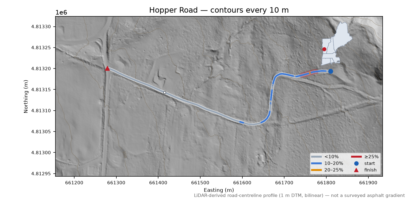 Hopper Road LiDAR hillshade map with contours