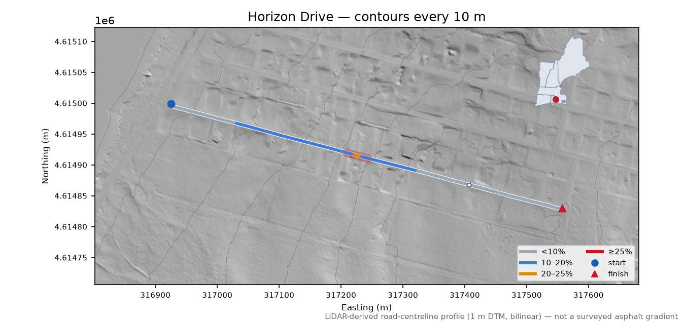 Horizon Drive LiDAR hillshade map with contours