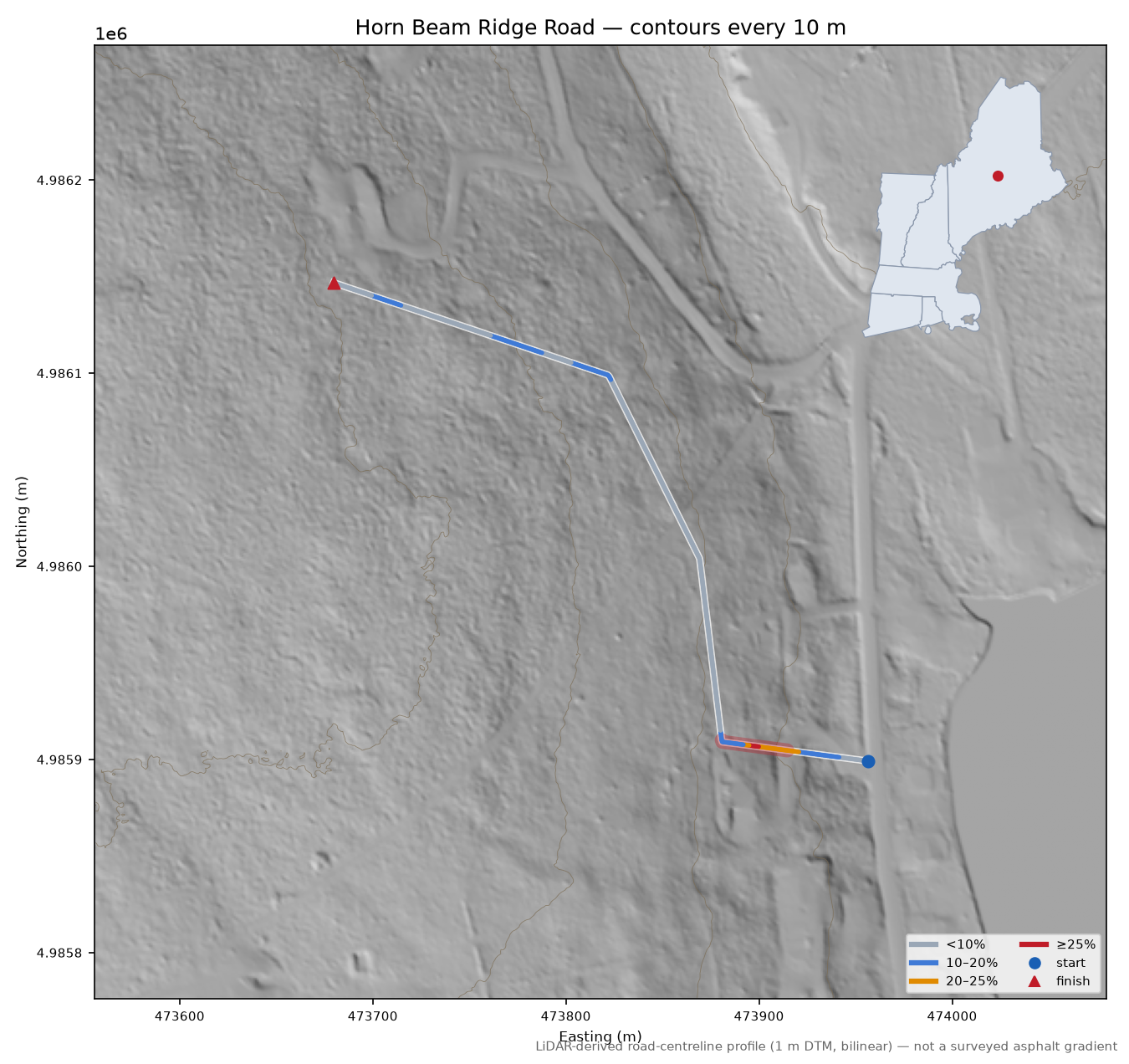 Horn Beam Ridge Road LiDAR hillshade map with contours