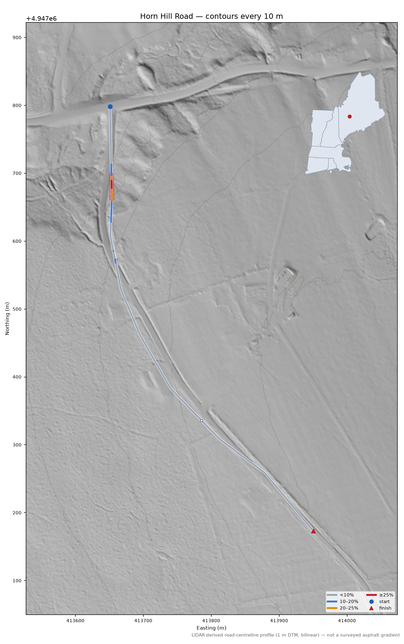 Horn Hill Road LiDAR hillshade map with contours