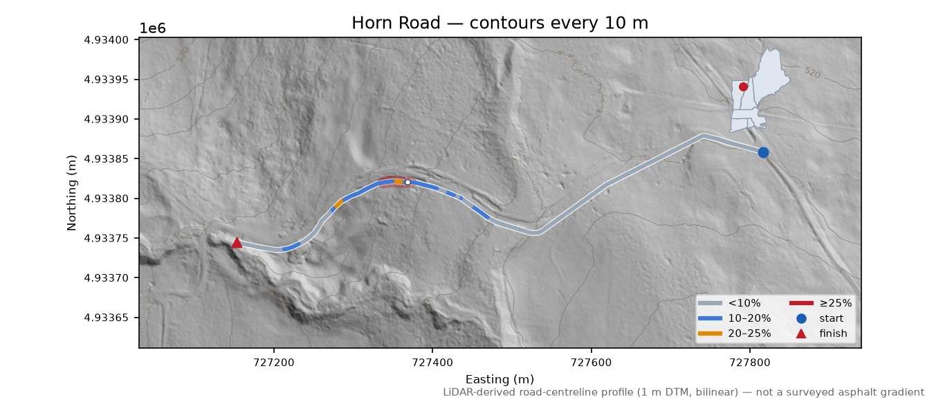 Horn Road LiDAR hillshade map with contours