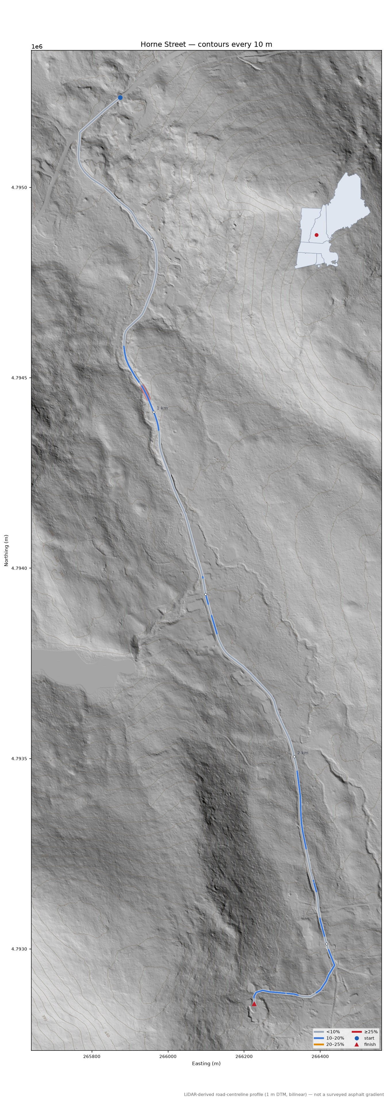 Horne Street LiDAR hillshade map with contours