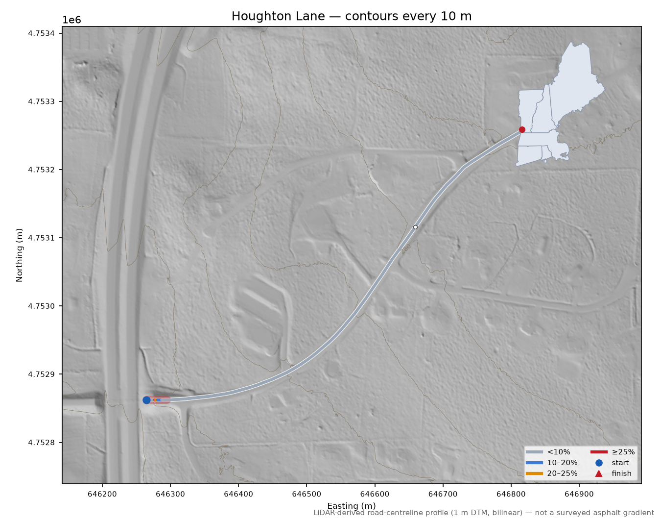 Houghton Lane LiDAR hillshade map with contours