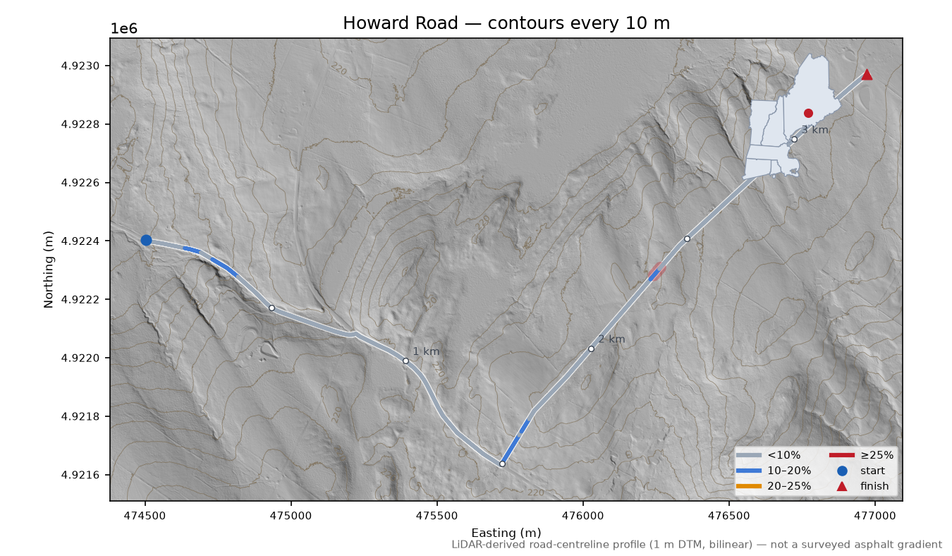 Howard Road LiDAR hillshade map with contours