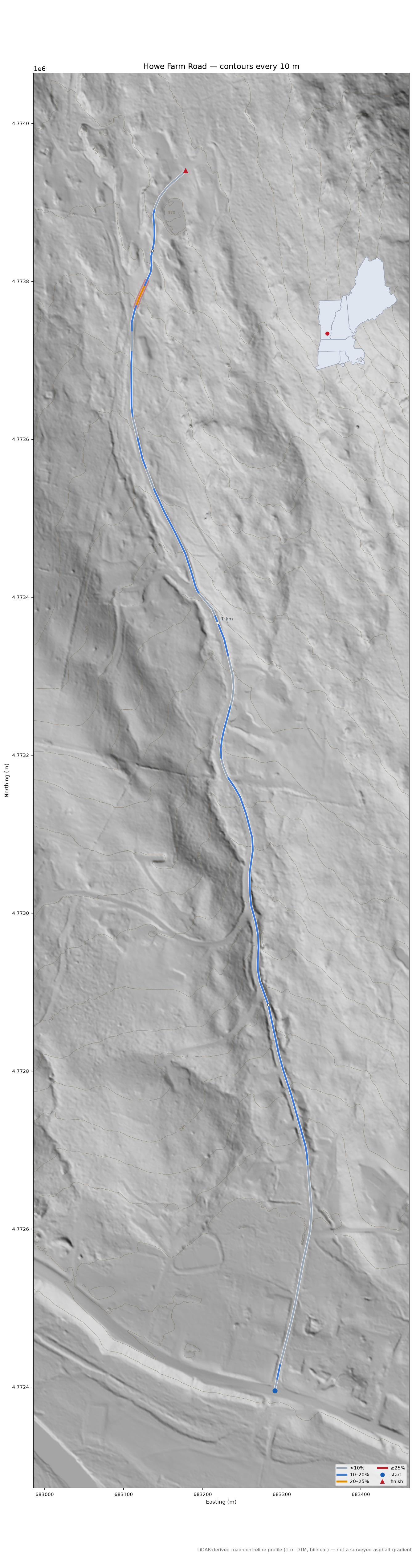 Howe Farm Road LiDAR hillshade map with contours