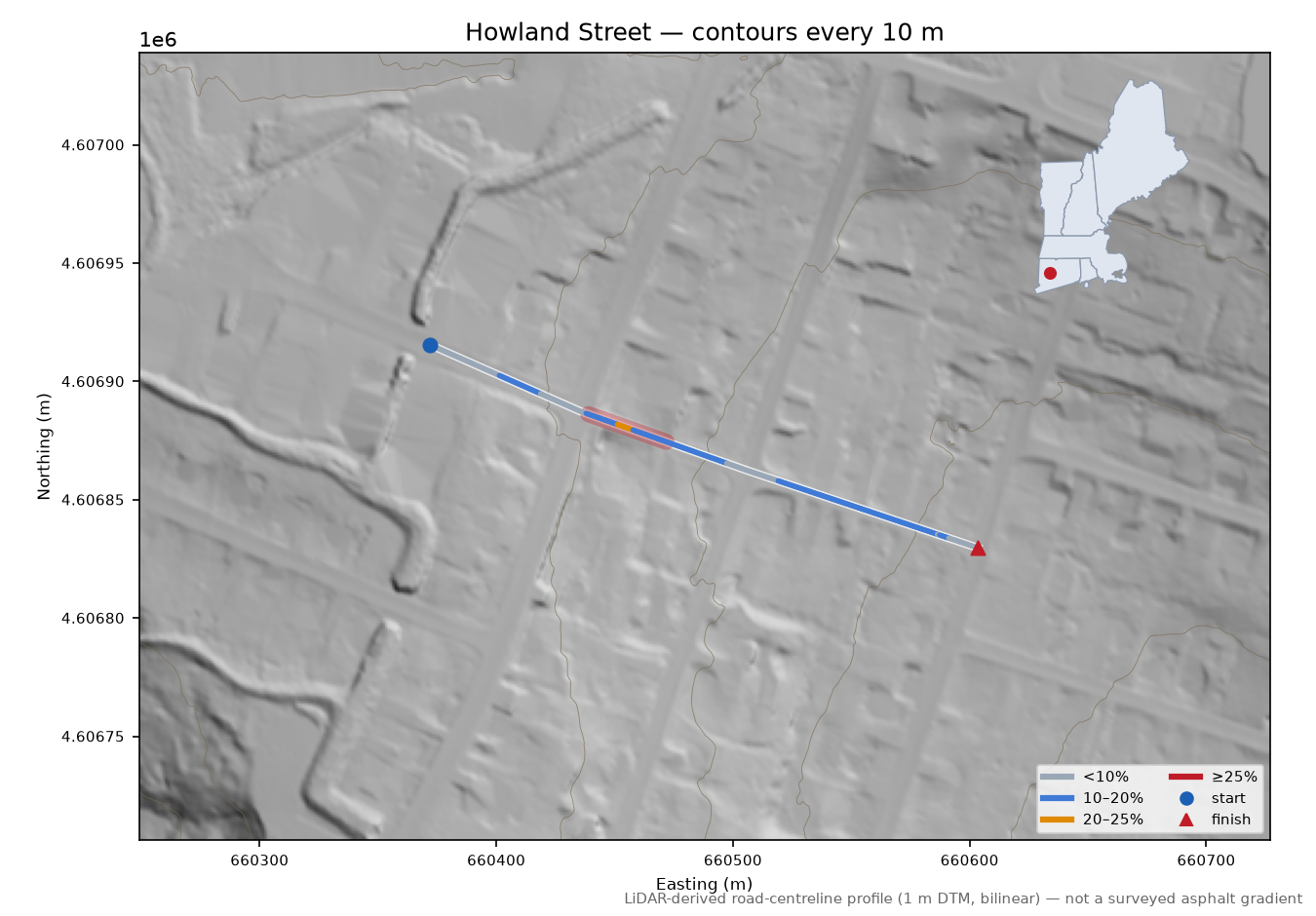 Howland Street LiDAR hillshade map with contours