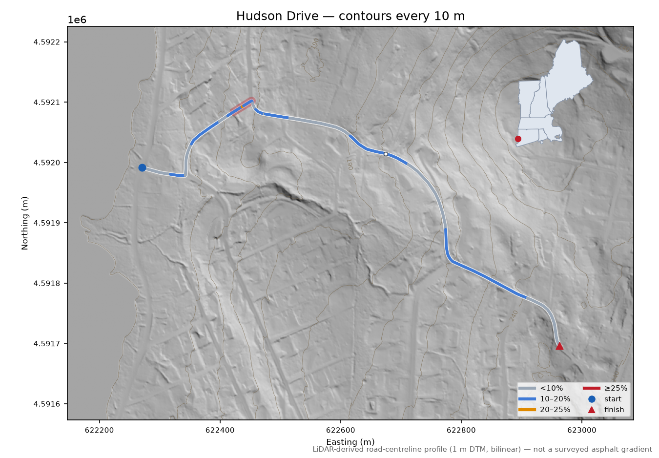 Hudson Drive LiDAR hillshade map with contours