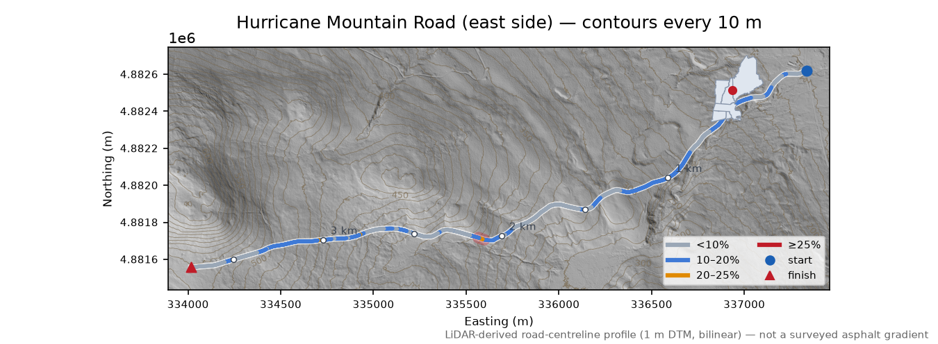 Hurricane Mountain Road (east side) LiDAR hillshade map with contours