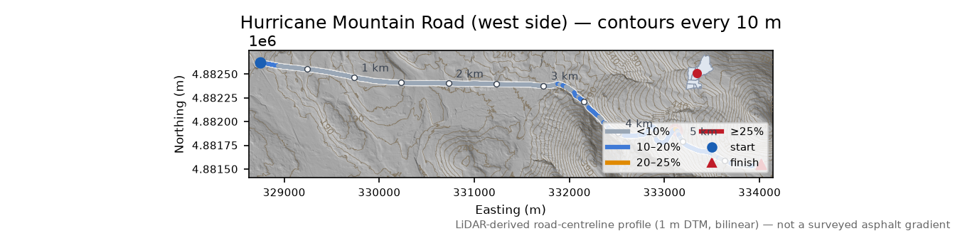 Hurricane Mountain Road (west side) LiDAR hillshade map with contours