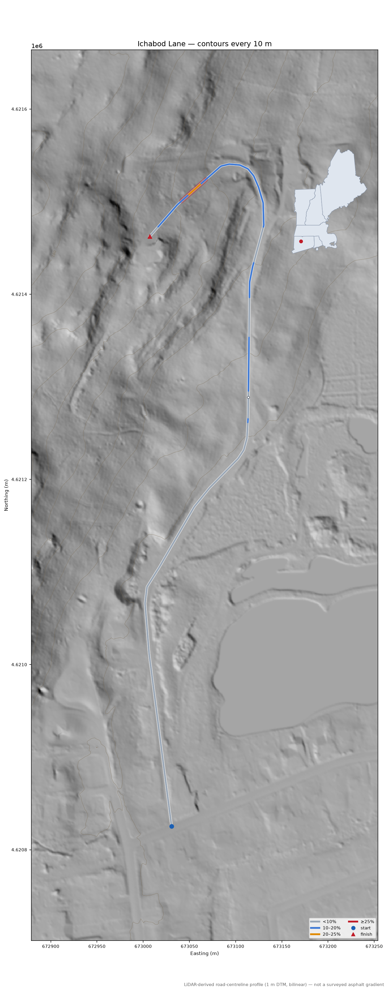 Ichabod Lane LiDAR hillshade map with contours