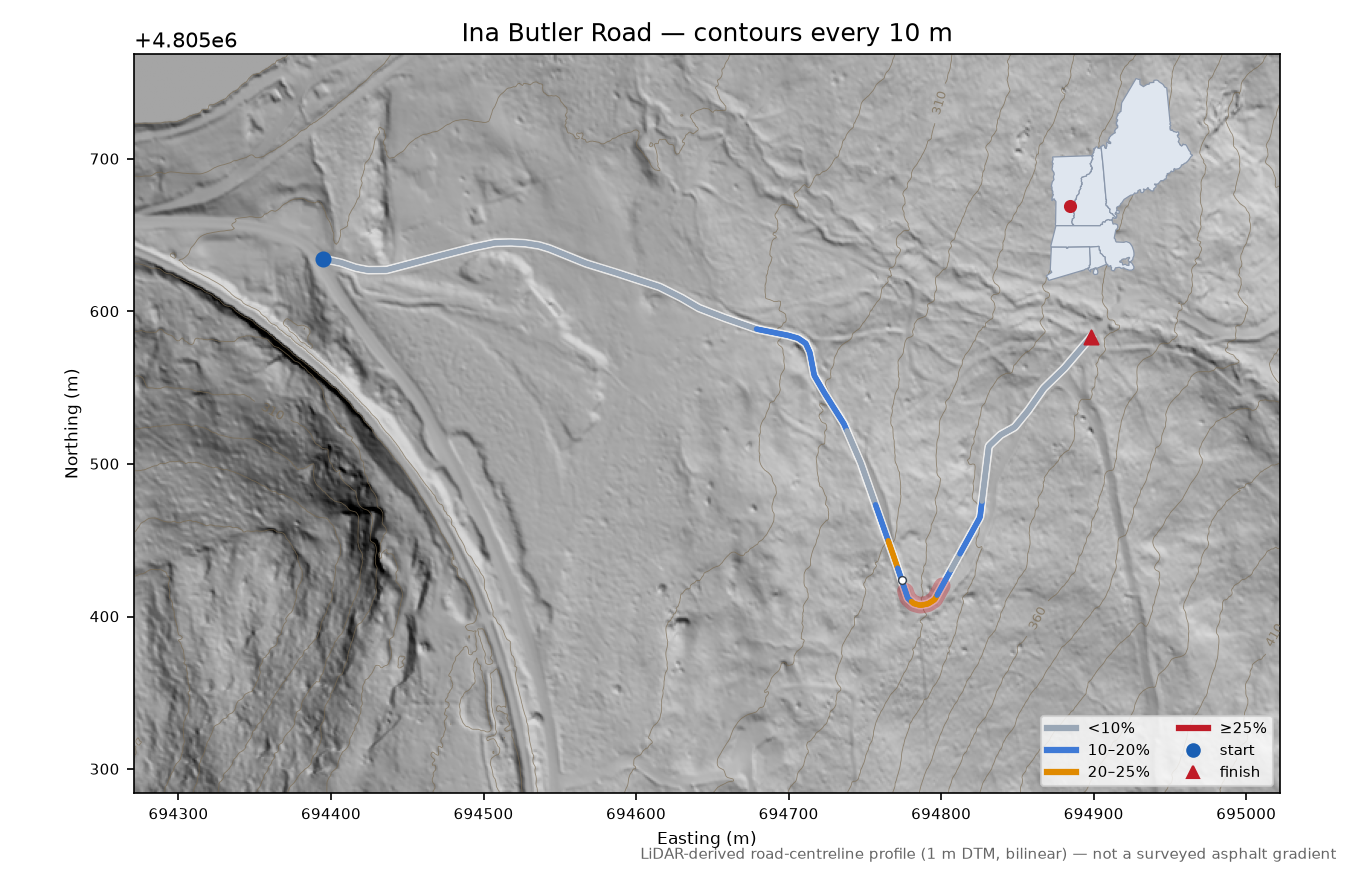 Ina Butler Road LiDAR hillshade map with contours