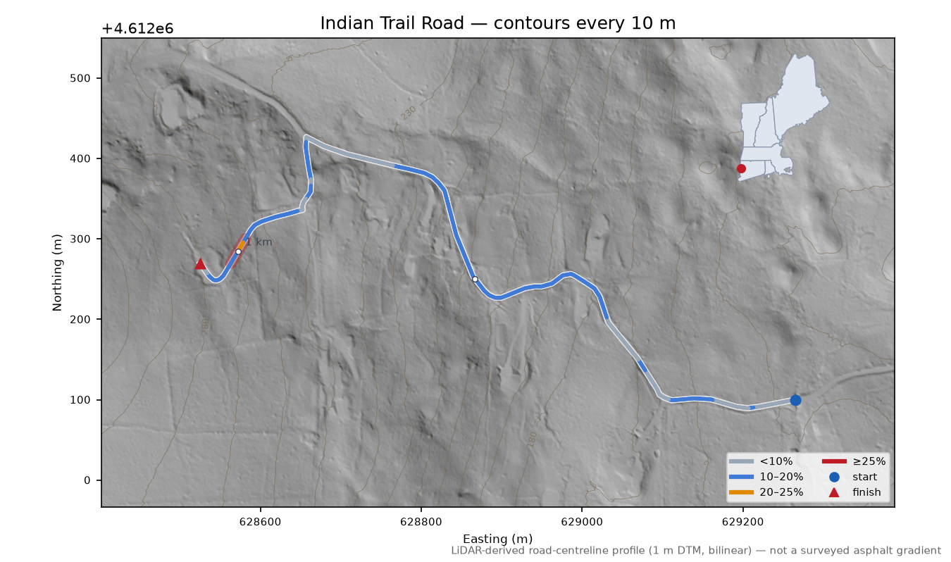 Indian Trail Road LiDAR hillshade map with contours