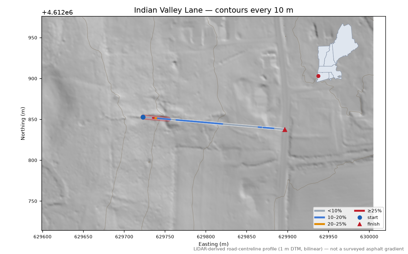 Indian Valley Lane LiDAR hillshade map with contours