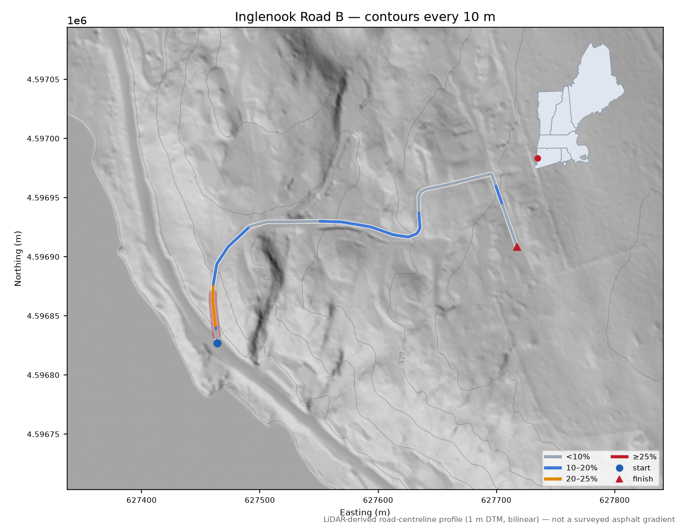 Inglenook Road B LiDAR hillshade map with contours