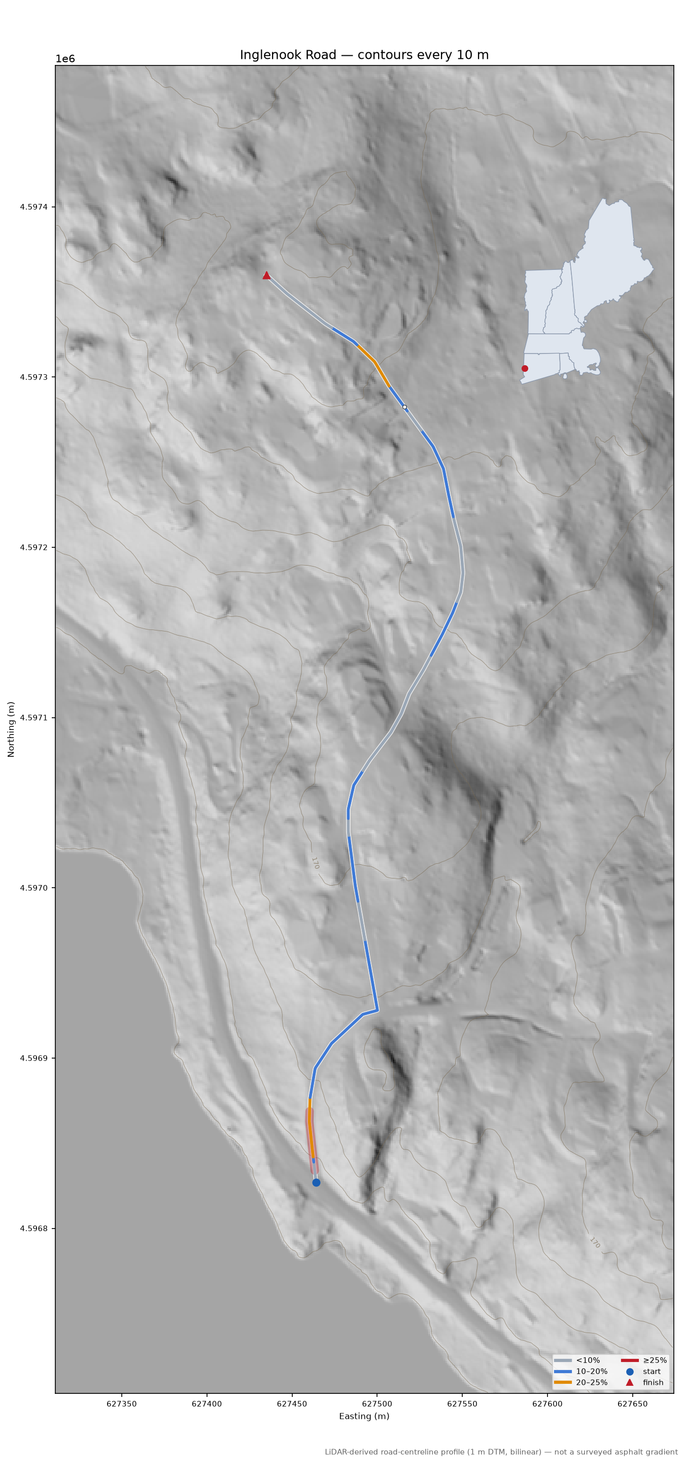 Inglenook Road LiDAR hillshade map with contours
