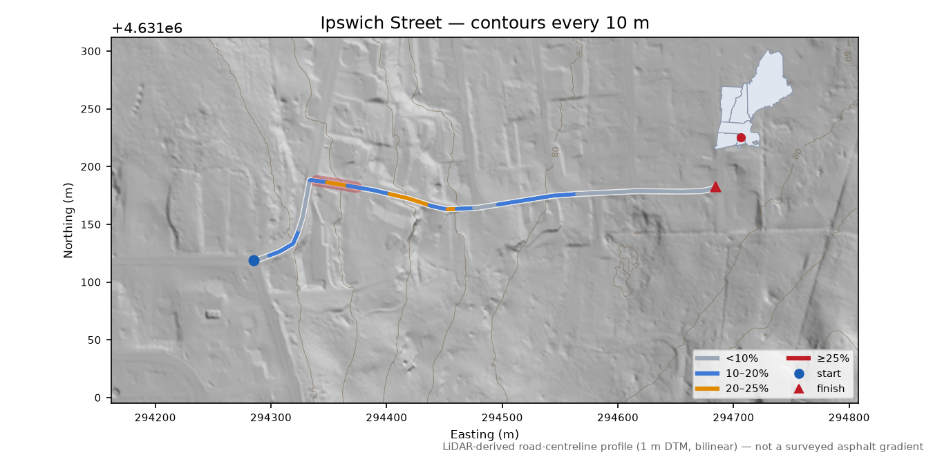 Ipswich Street LiDAR hillshade map with contours