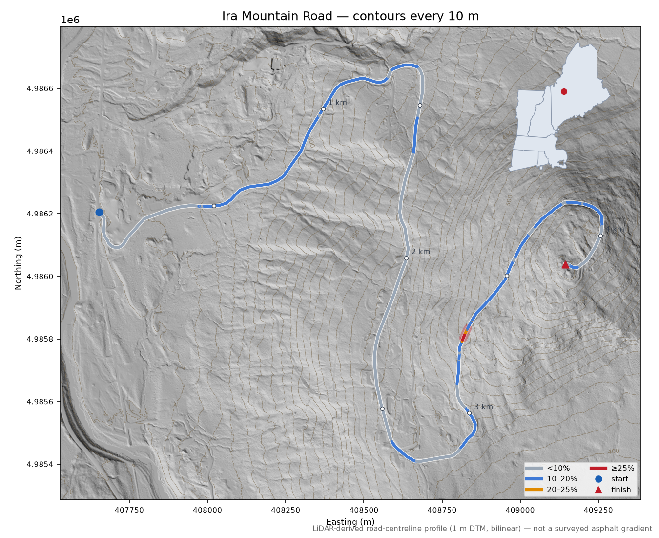 Ira Mountain Road LiDAR hillshade map with contours