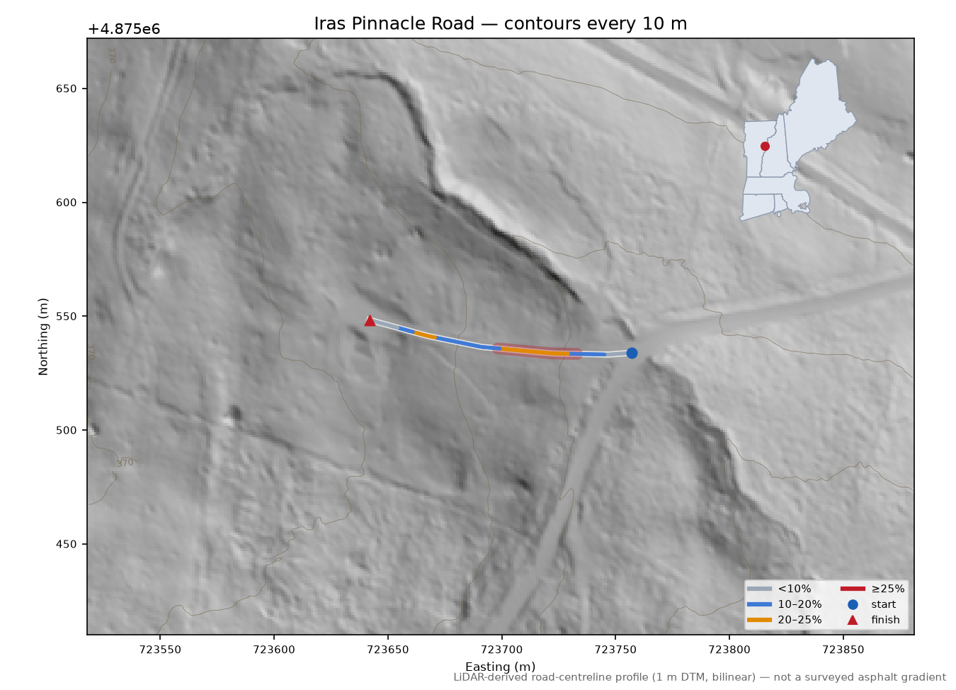 Iras Pinnacle Road LiDAR hillshade map with contours