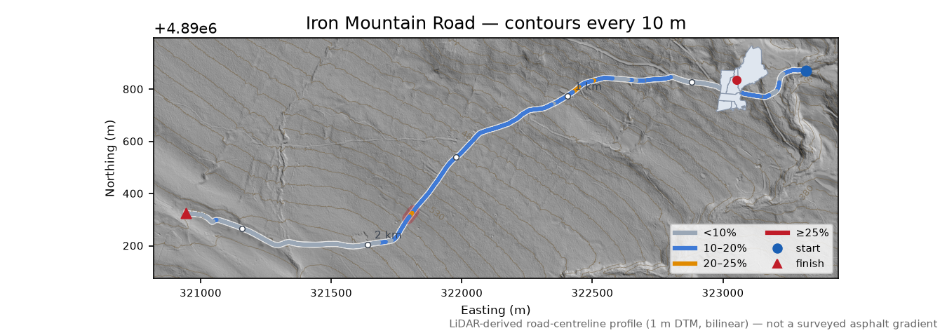 Iron Mountain Road LiDAR hillshade map with contours