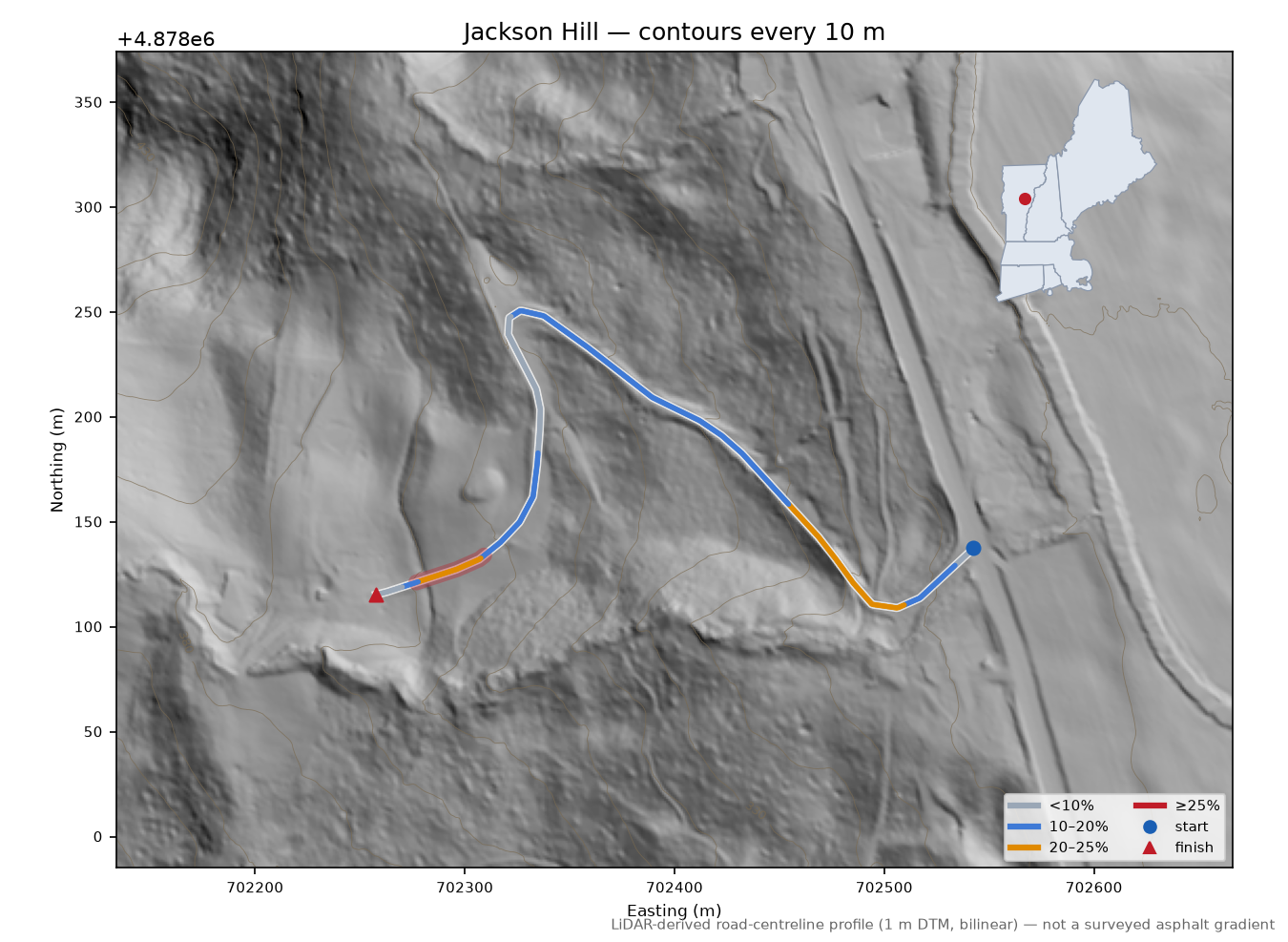 Jackson Hill LiDAR hillshade map with contours