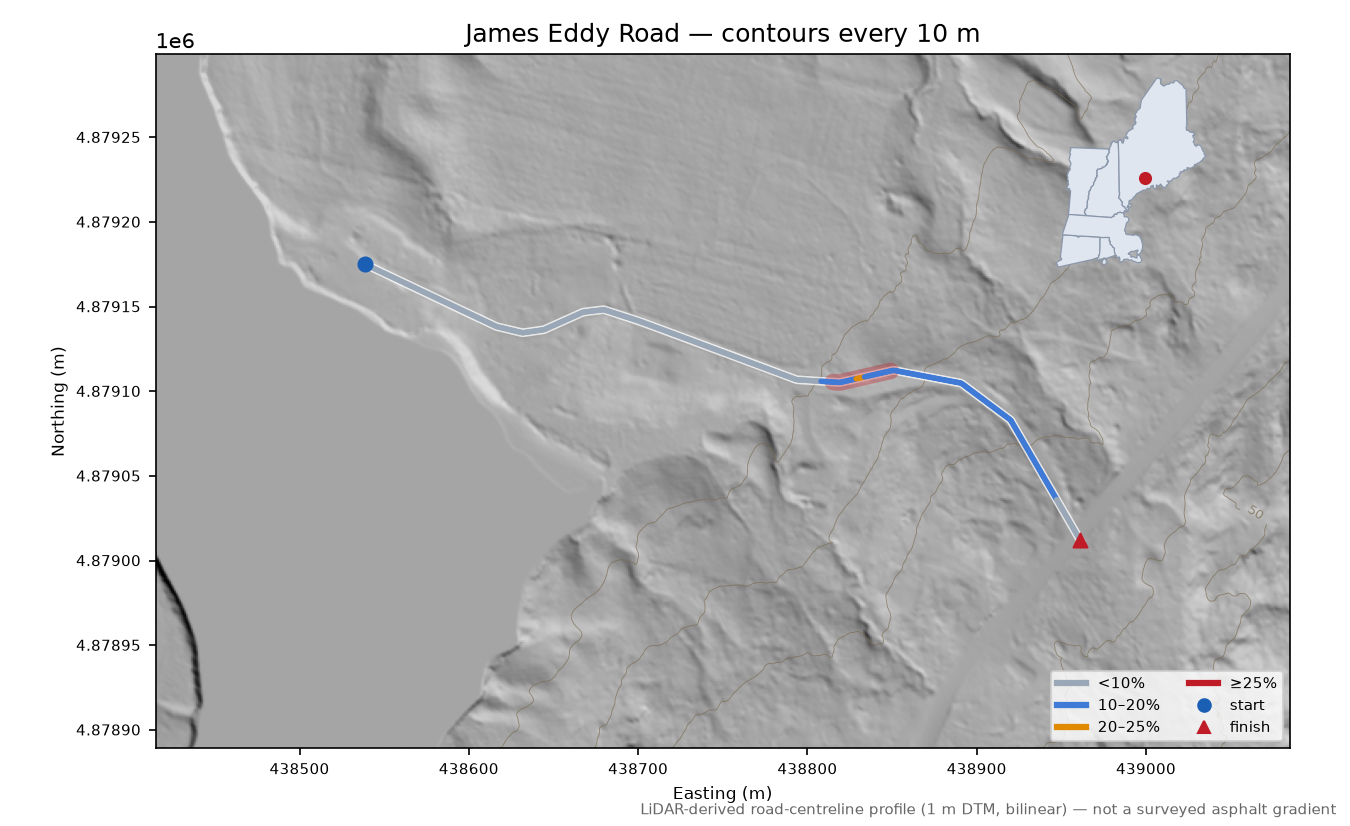 James Eddy Road LiDAR hillshade map with contours
