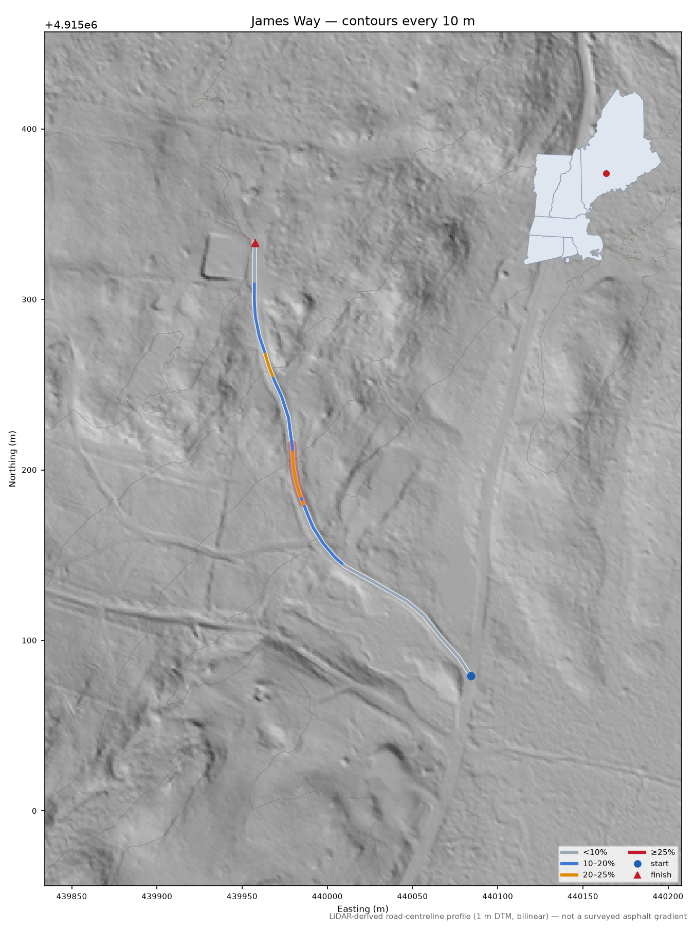 James Way LiDAR hillshade map with contours