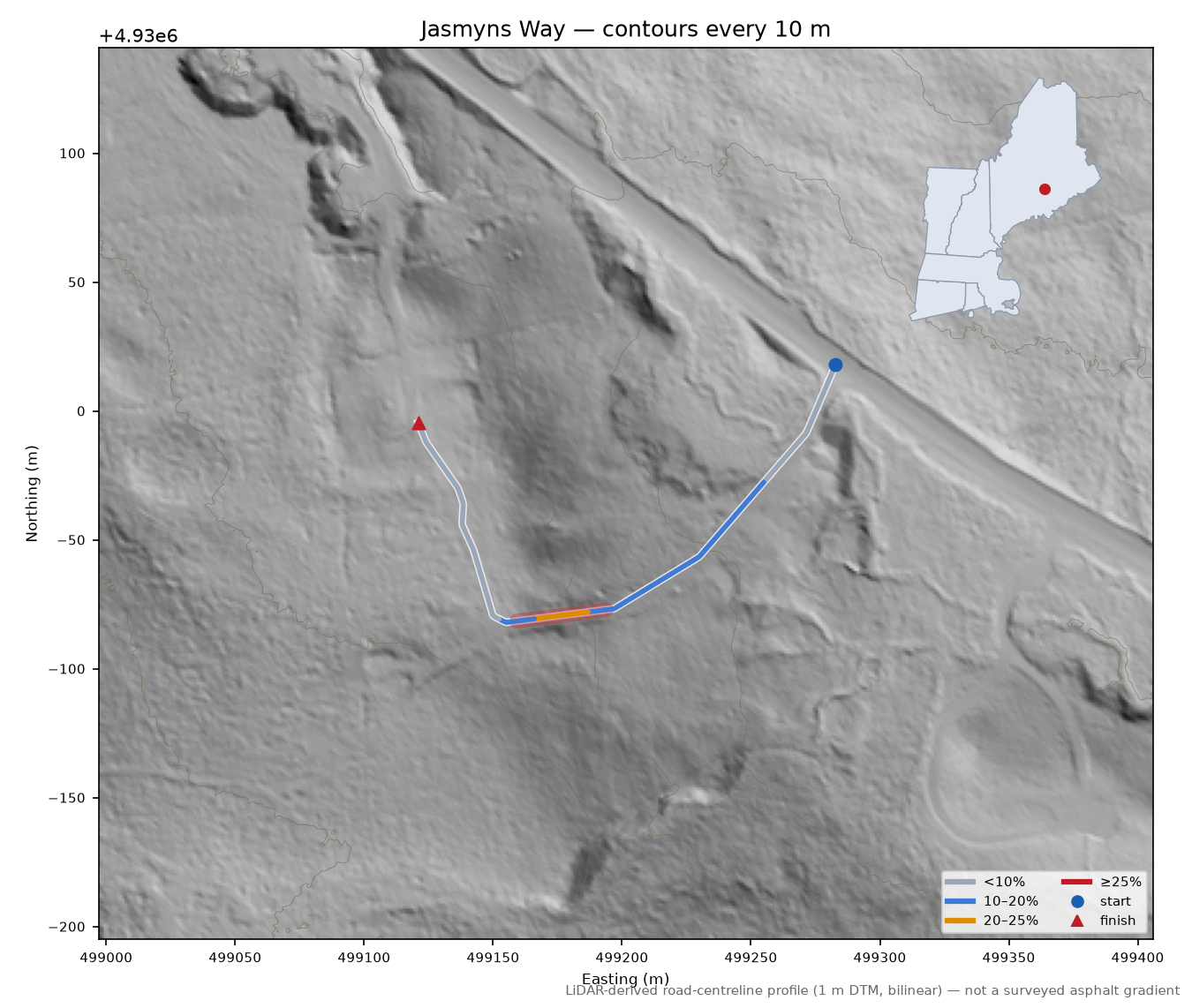 Jasmyns Way LiDAR hillshade map with contours