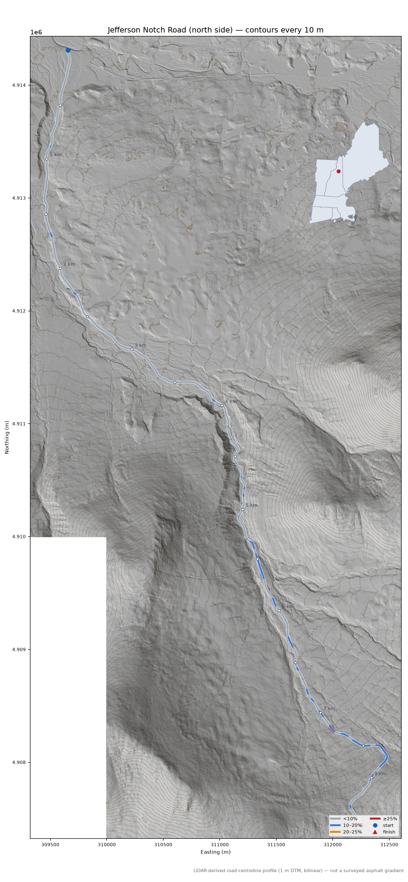 Jefferson Notch Road (north side) LiDAR hillshade map with contours