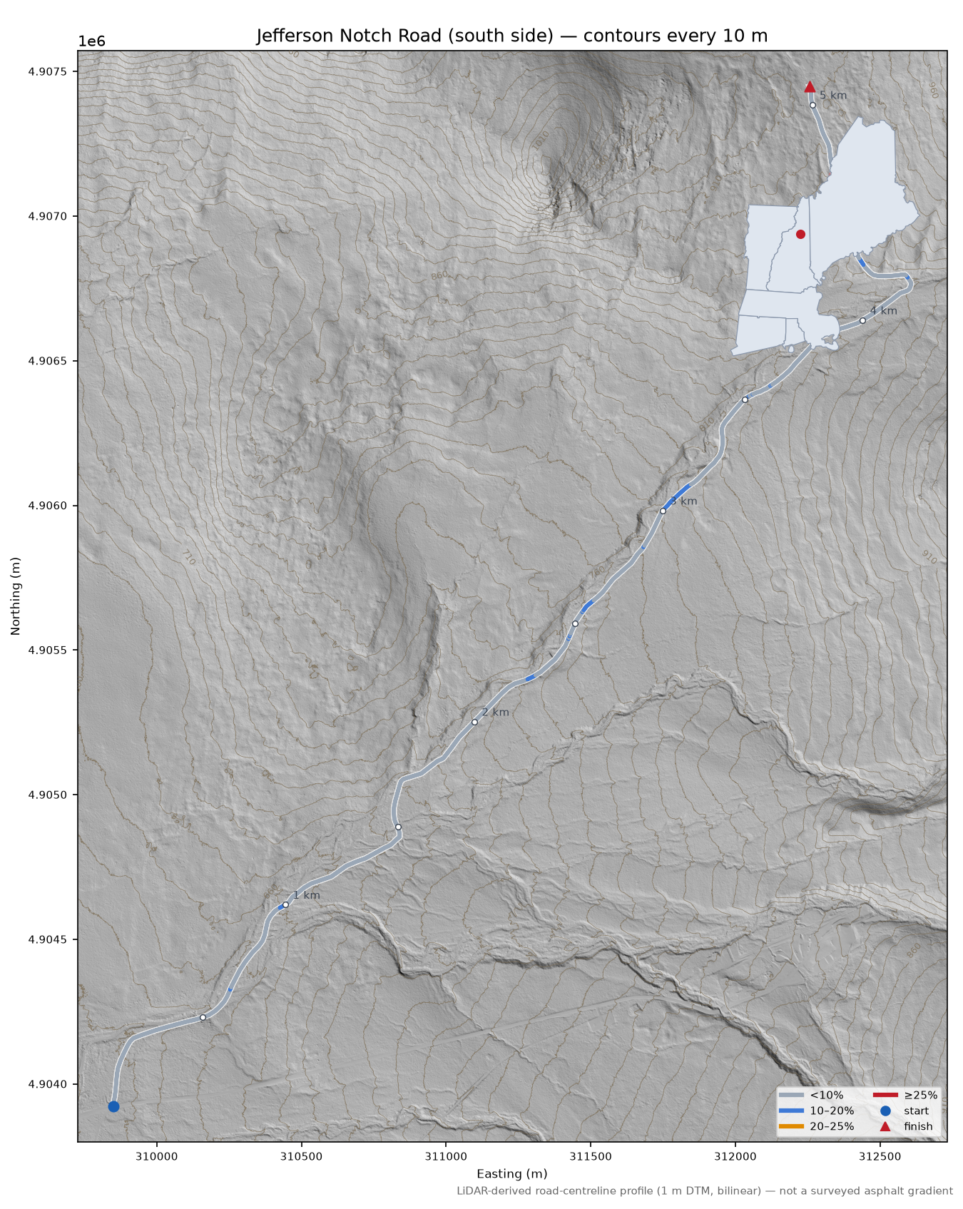Jefferson Notch Road (south side) LiDAR hillshade map with contours