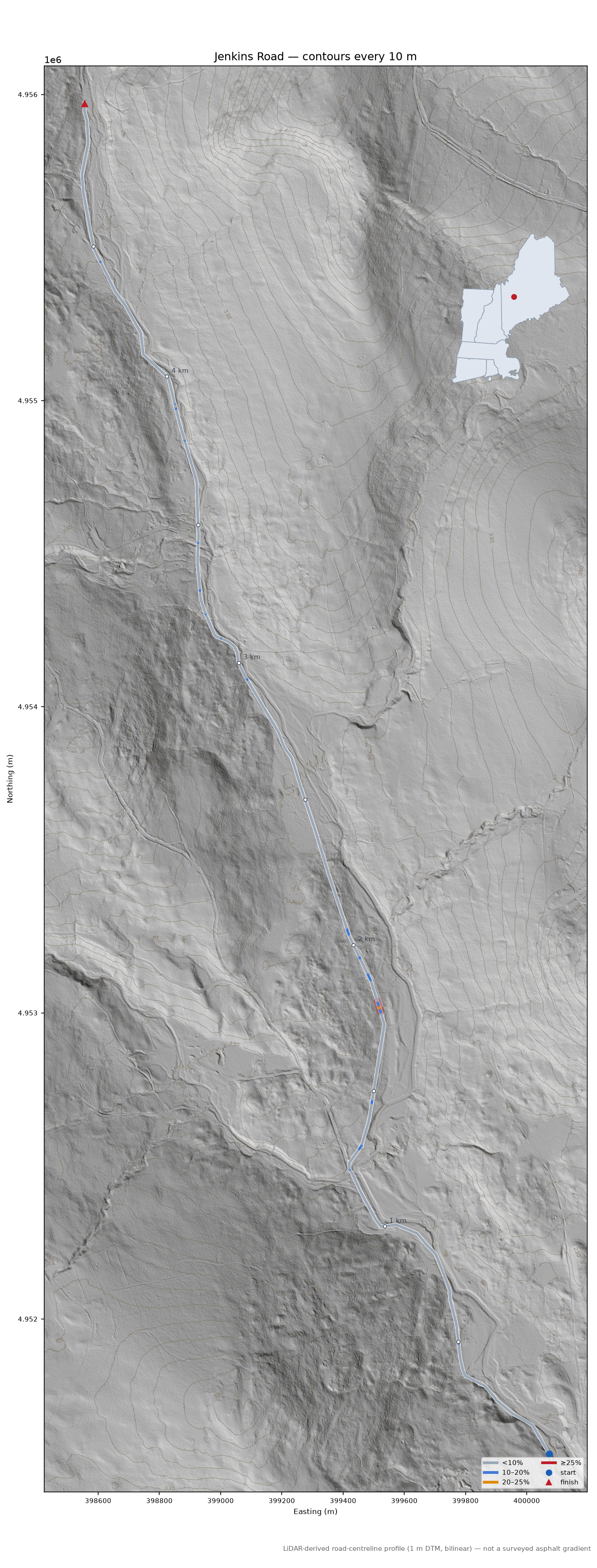 Jenkins Road LiDAR hillshade map with contours